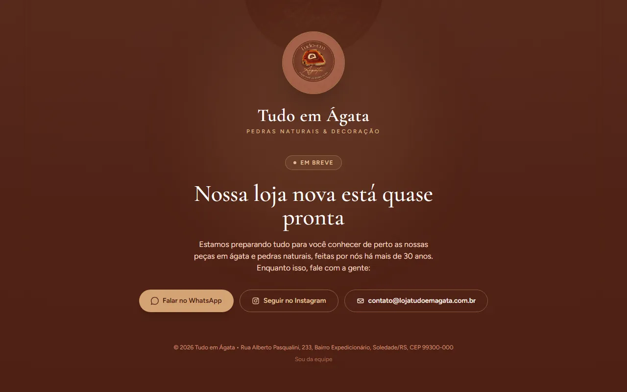 Página de lançamento da loja virtual Tudo em Ágata
